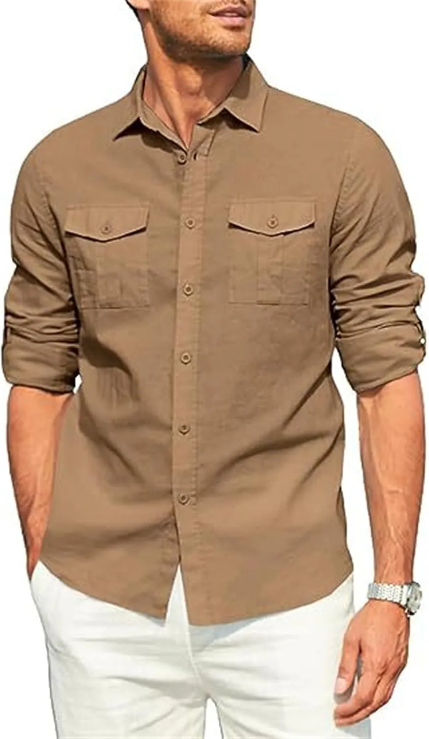 Men's Cotton Linen Shirt Casual Long Sleeve Button Down Dress Shirts Summer Beach Top Slim-Fit Two-Pocket Utility Shirt