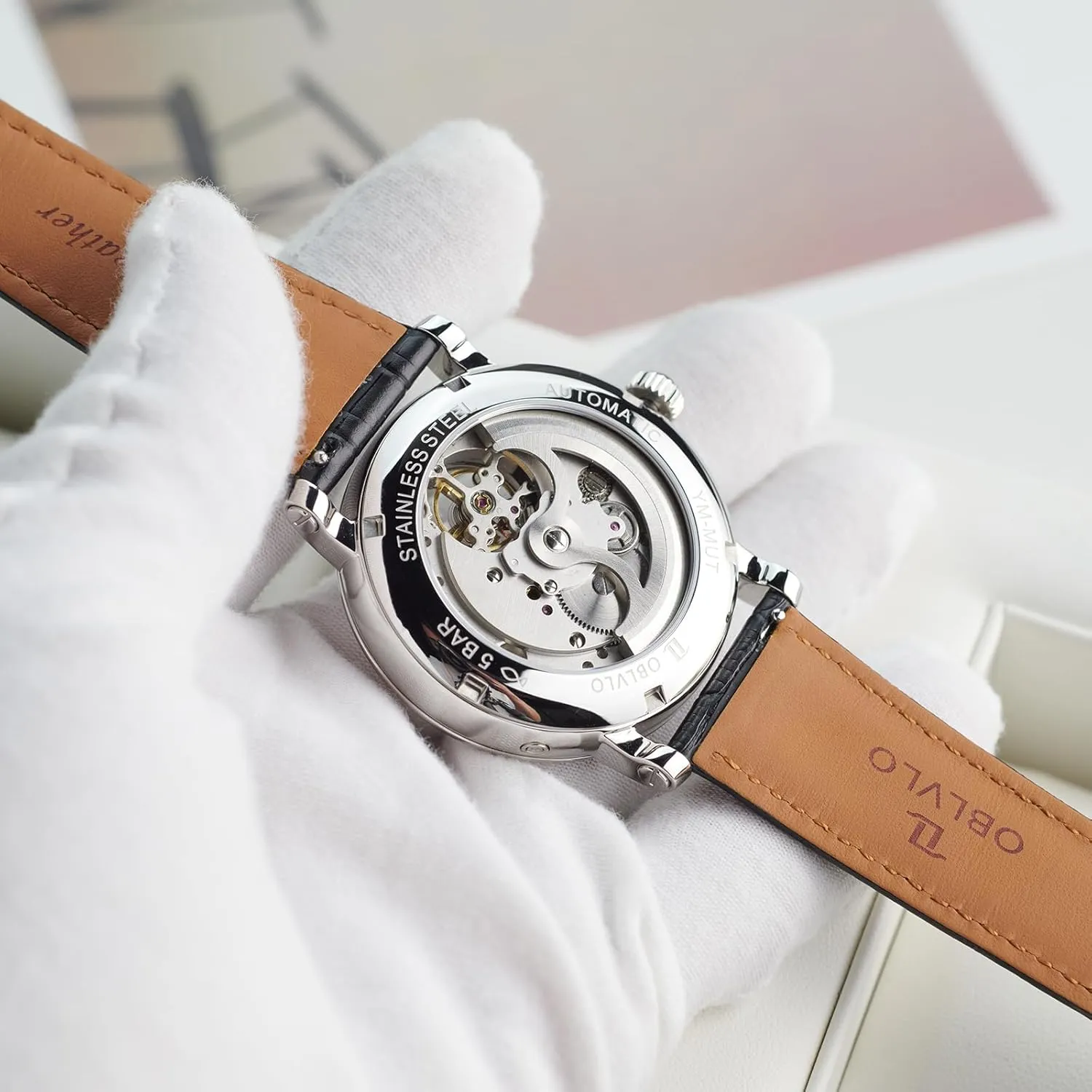 Men's Luxury Watch Rose Gold White Dial Automatic Mechanical Wristwatch Roman Numerals Super Luminous Brown Leather Strap YM-MUT