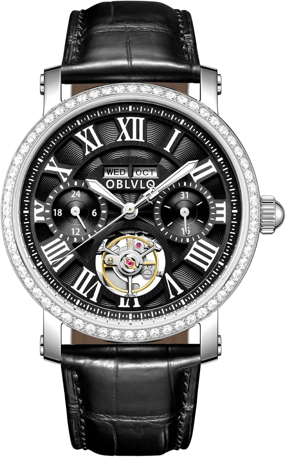 Men's Luxury Watch Rose Gold White Dial Automatic Mechanical Wristwatch Roman Numerals Super Luminous Brown Leather Strap YM-MUT