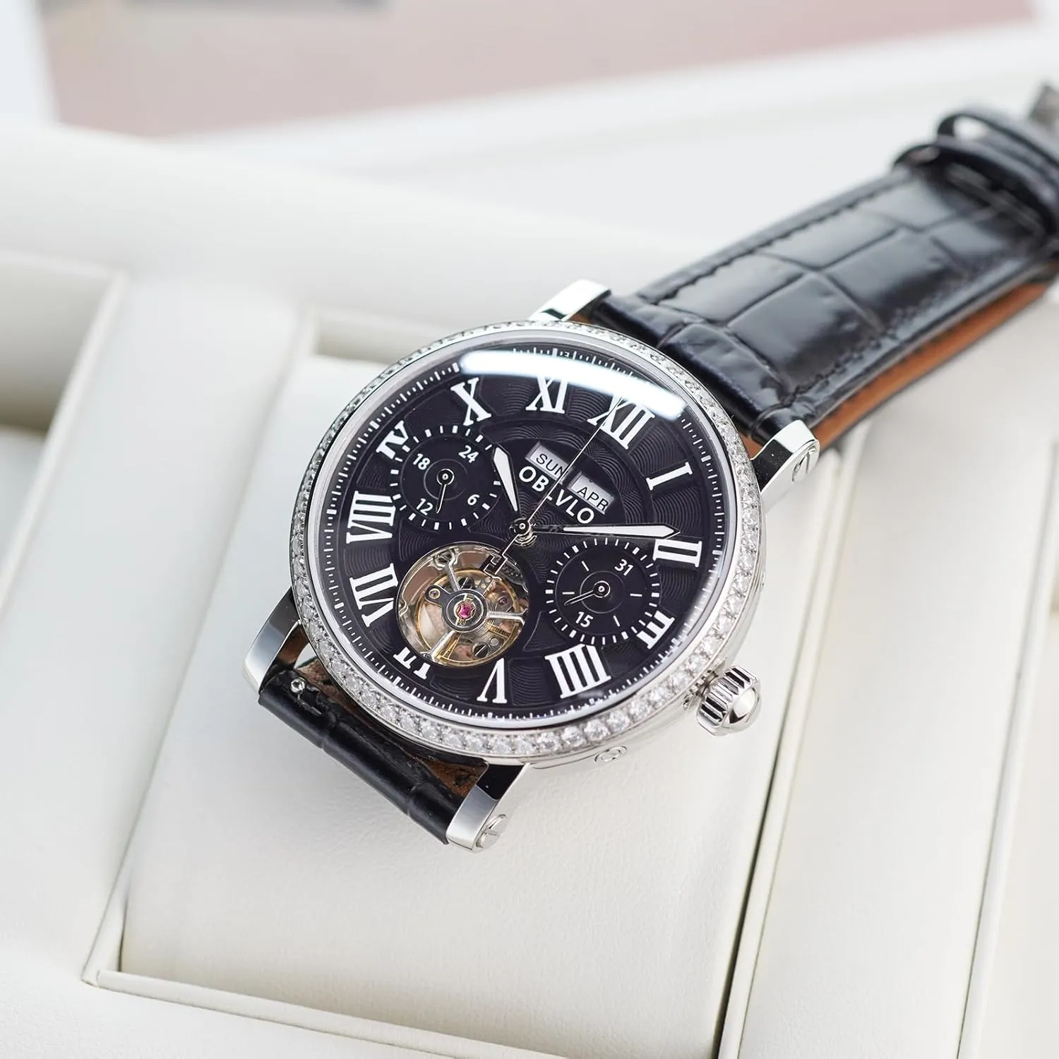 Men's Luxury Watch Rose Gold White Dial Automatic Mechanical Wristwatch Roman Numerals Super Luminous Brown Leather Strap YM-MUT