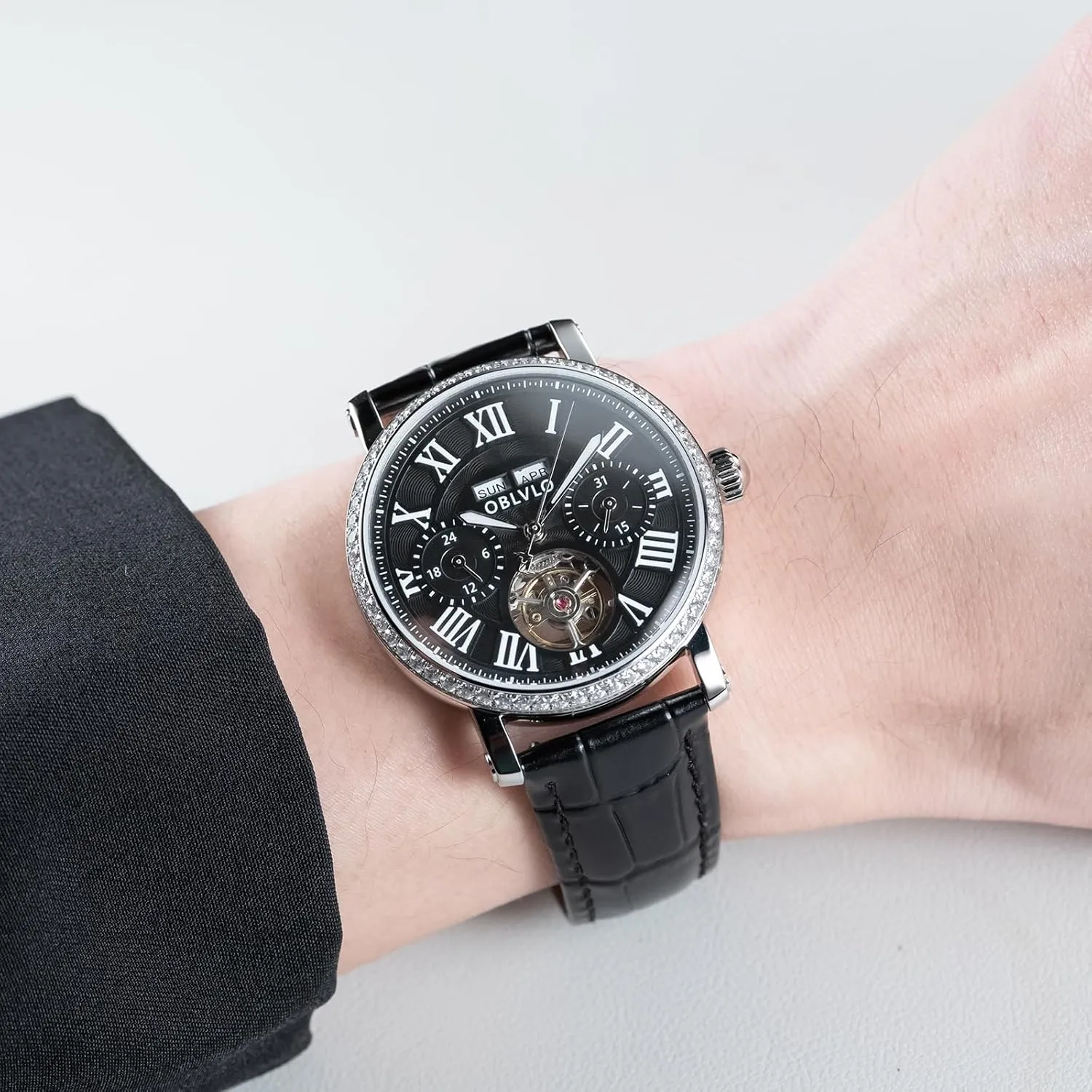 Men's Luxury Watch Rose Gold White Dial Automatic Mechanical Wristwatch Roman Numerals Super Luminous Brown Leather Strap YM-MUT