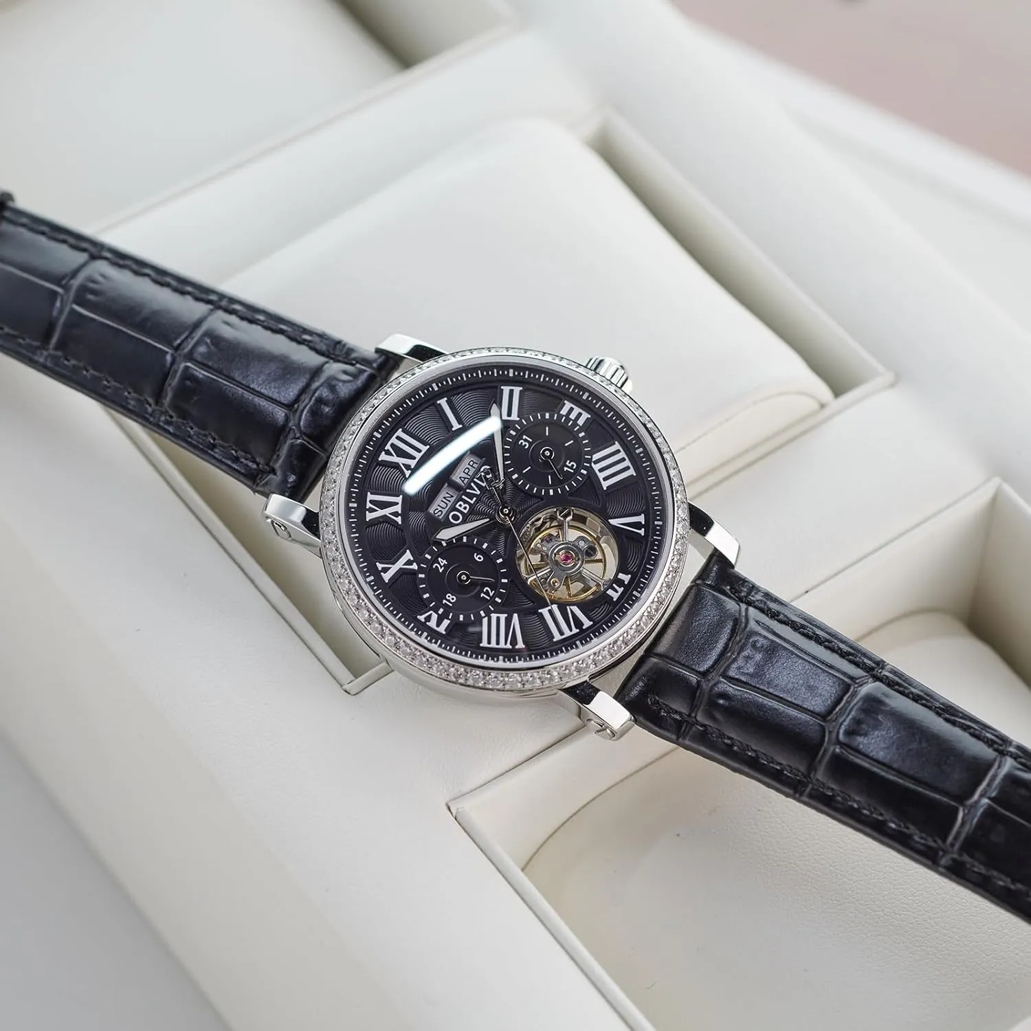 Men's Luxury Watch Rose Gold White Dial Automatic Mechanical Wristwatch Roman Numerals Super Luminous Brown Leather Strap YM-MUT