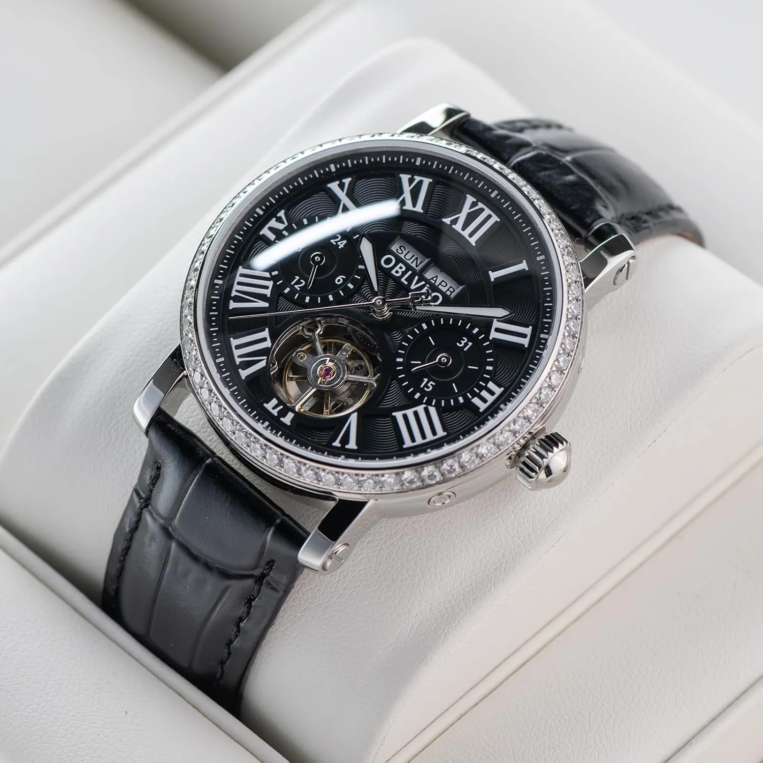 Men's Luxury Watch Rose Gold White Dial Automatic Mechanical Wristwatch Roman Numerals Super Luminous Brown Leather Strap YM-MUT