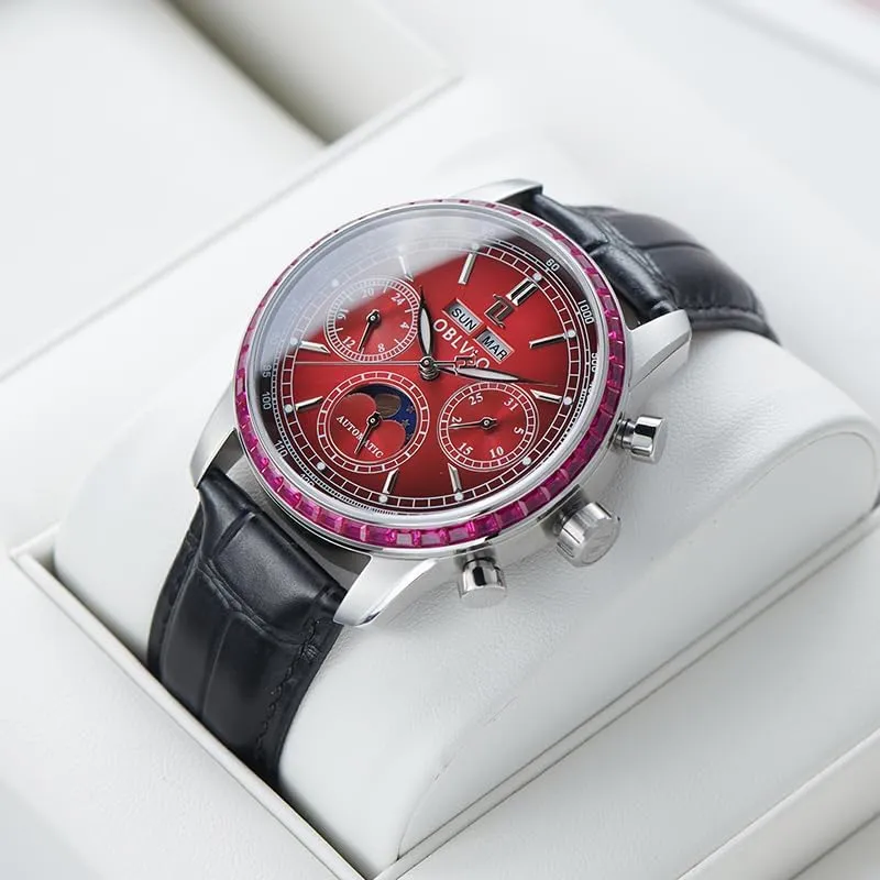 Men's Rose Gold Multifunctional Automatic Mechanical Watch Luxury Flywheel Wristwatch with Super Luminous Leather Strap Classic GC-MUT