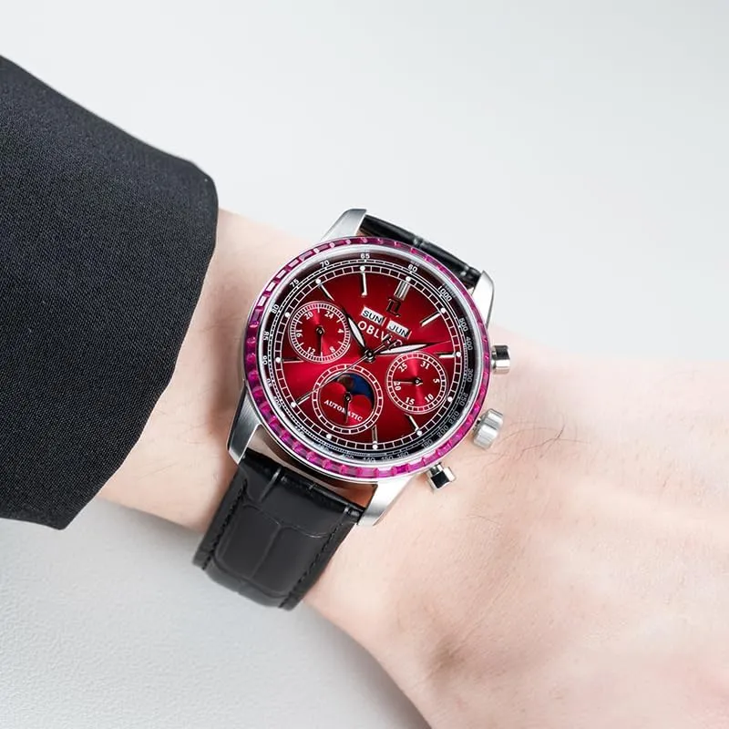 Men's Rose Gold Multifunctional Automatic Mechanical Watch Luxury Flywheel Wristwatch with Super Luminous Leather Strap Classic GC-MUT