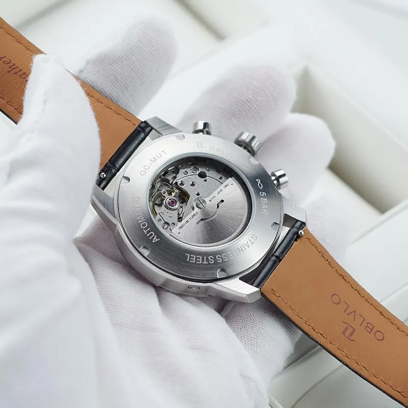 Men's Rose Gold Multifunctional Automatic Mechanical Watch Luxury Flywheel Wristwatch with Super Luminous Leather Strap Classic GC-MUT