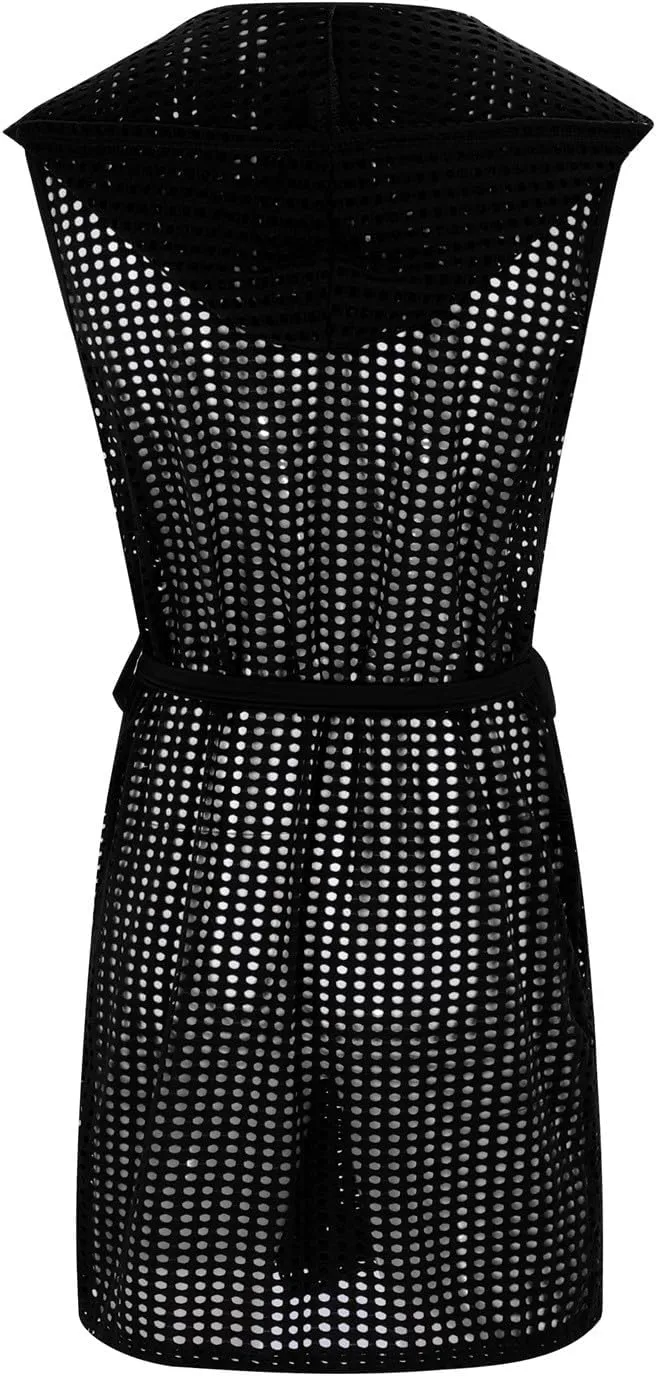 Mens Sexy See Through Towel Bath Robe Rave Hooded Mesh Bathrobe Jacket Fishnet Cardigan Fitted Muscle Top