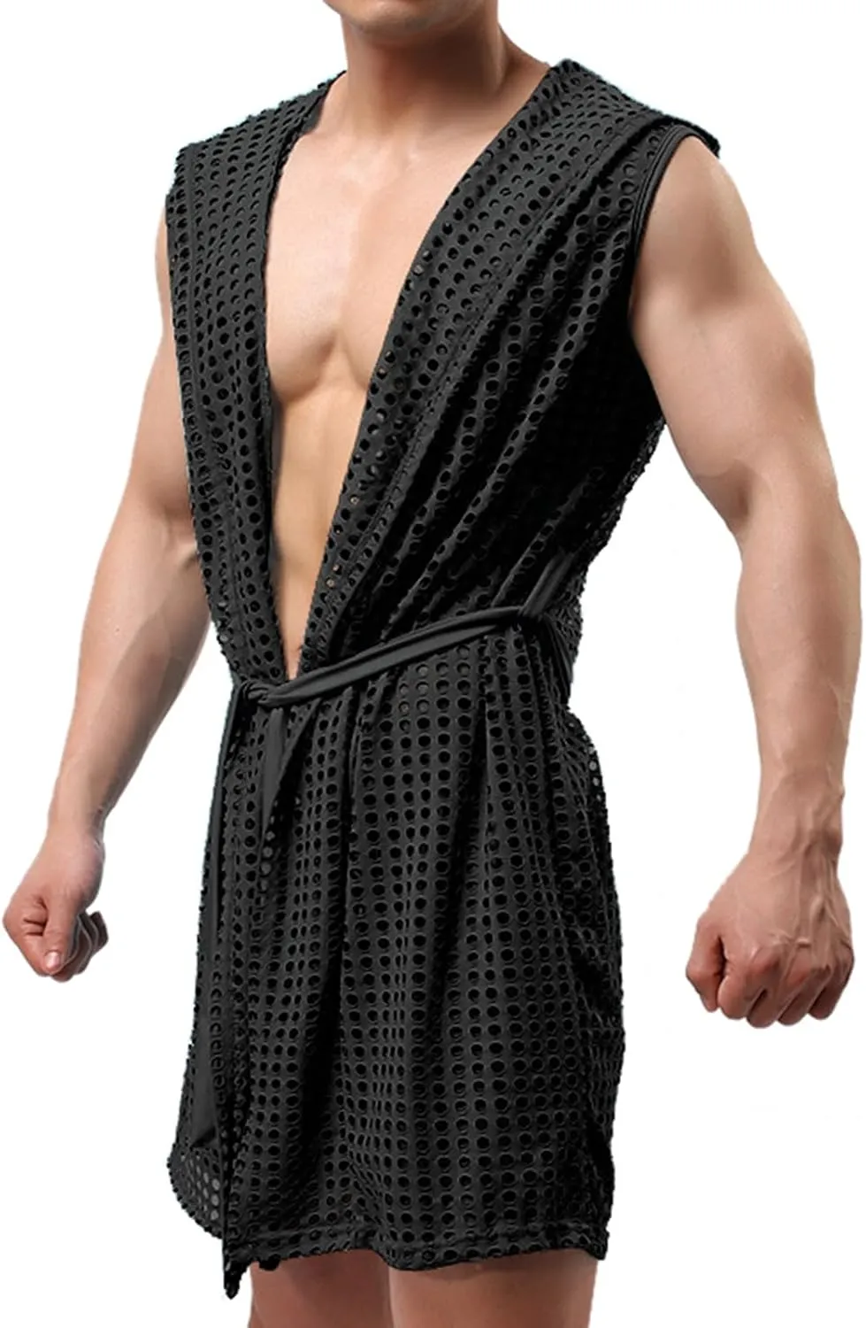 Mens Sexy See Through Towel Bath Robe Rave Hooded Mesh Bathrobe Jacket Fishnet Cardigan Fitted Muscle Top