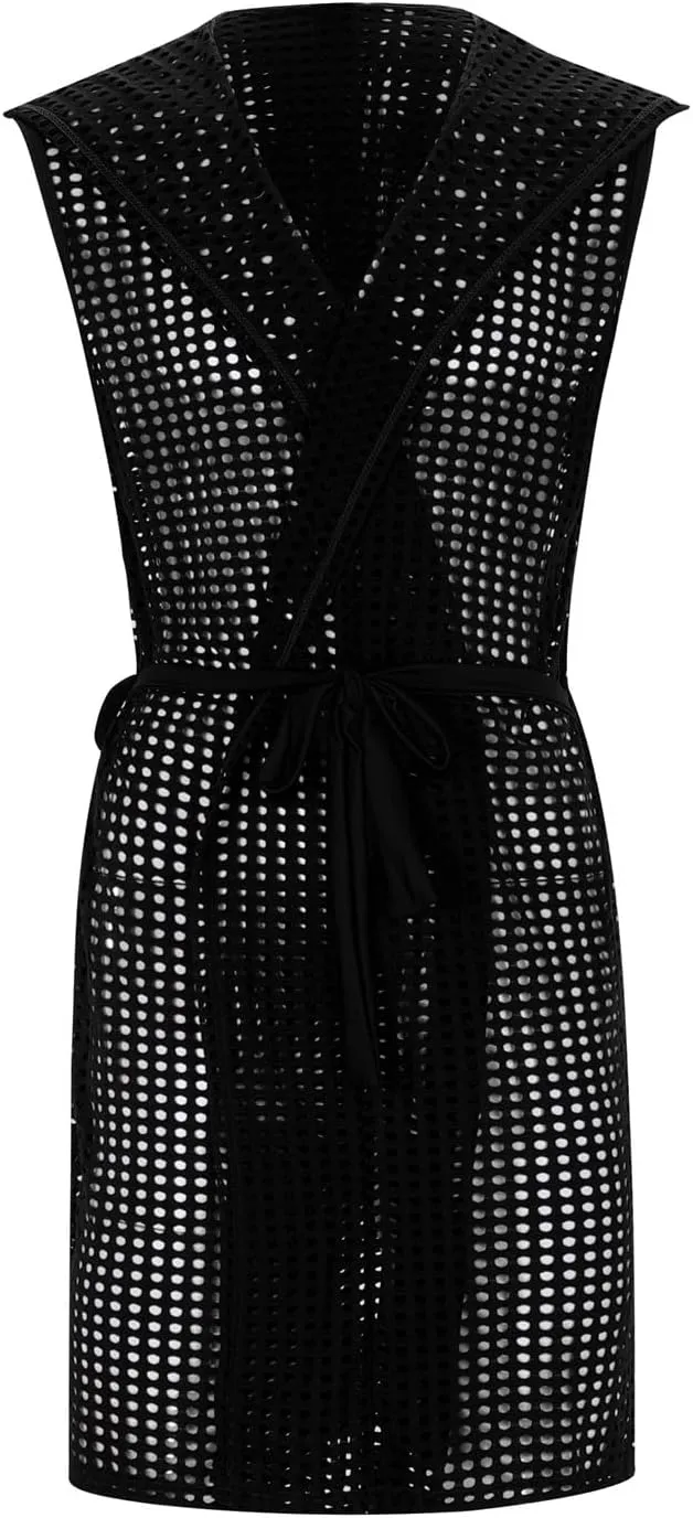 Mens Sexy See Through Towel Bath Robe Rave Hooded Mesh Bathrobe Jacket Fishnet Cardigan Fitted Muscle Top