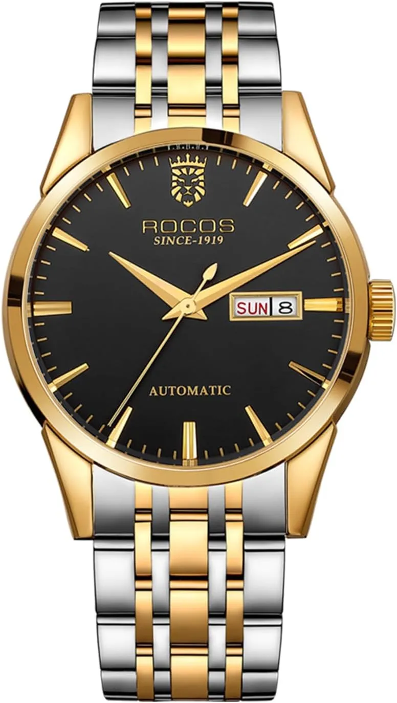 Men's Watches Automatic Mechanical Watches Luminous Calendar Stainless Steel Strap Waterproof Business Casual Watch Luminous calendarfor Men RW00140 (Gold)