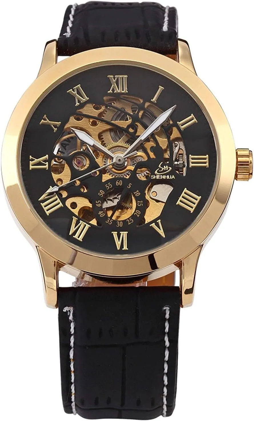 Mens Wrist Watches, Gold Automatic Watch, Classic Skeleton Self-Wind Mechanical Watches Leather CH13