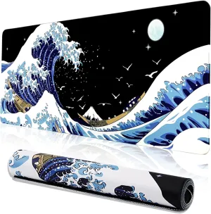 MEWOOCUE Gaming Mouse Pad for Desk,Large Wave Mousepad Laptop,Black Japanese Anime Mouse Mat,Long XXL Waterproof Keyboard Pads,Big Non-Slip Mousepads for Game Office Home31.5 x 11.9 in