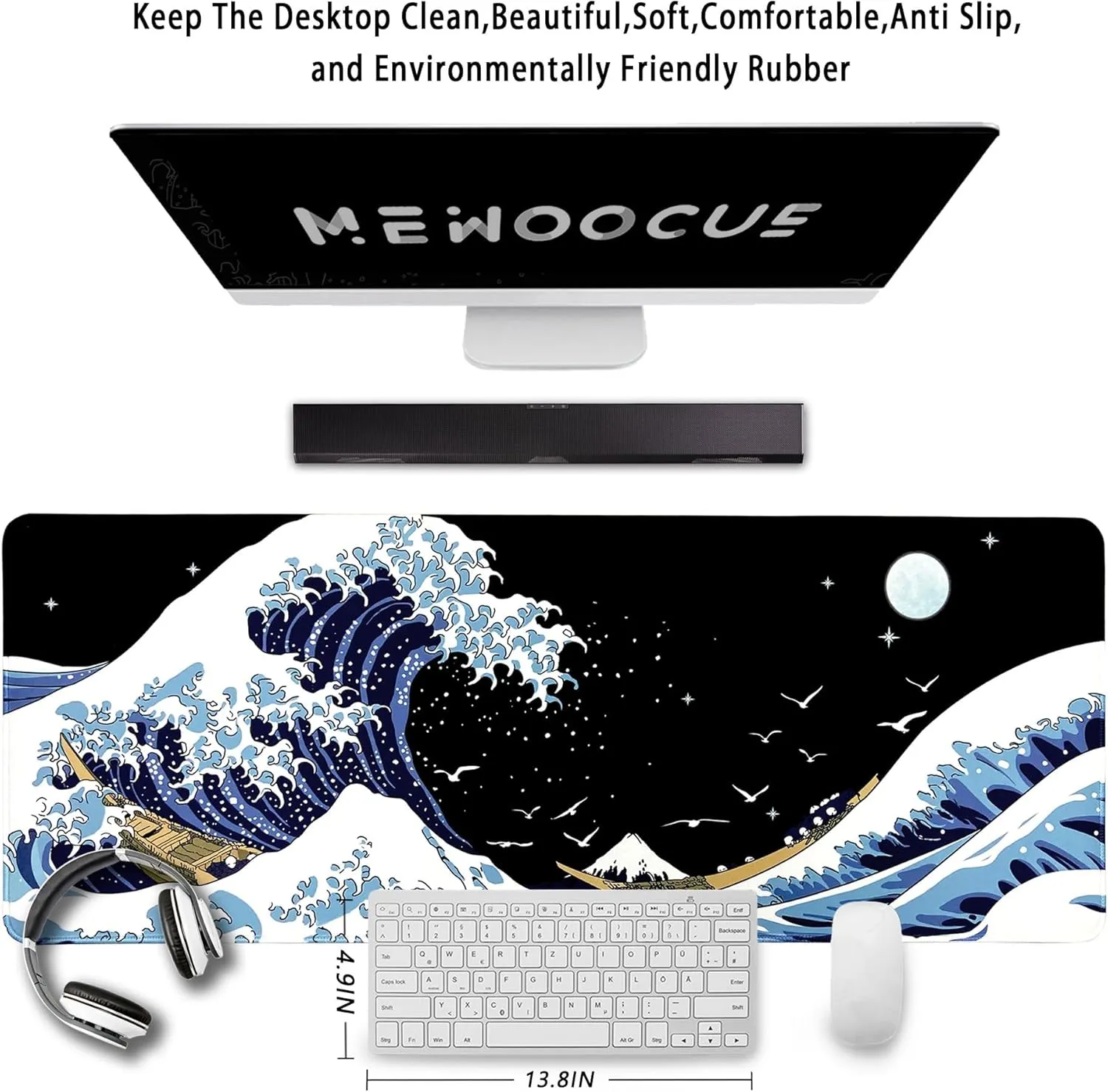 MEWOOCUE Gaming Mouse Pad for Desk,Large Wave Mousepad Laptop,Black Japanese Anime Mouse Mat,Long XXL Waterproof Keyboard Pads,Big Non-Slip Mousepads for Game Office Home31.5 x 11.9 in