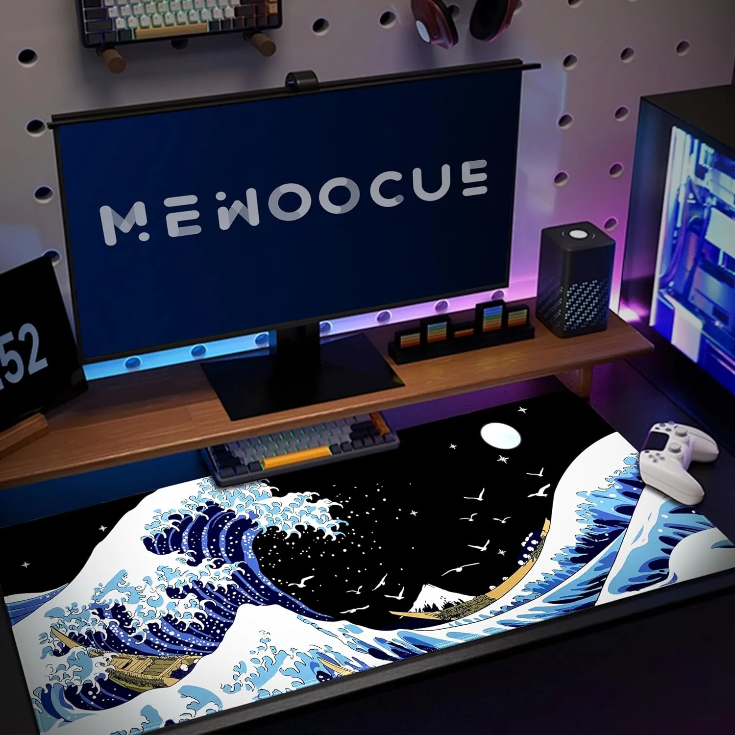 MEWOOCUE Gaming Mouse Pad for Desk,Large Wave Mousepad Laptop,Black Japanese Anime Mouse Mat,Long XXL Waterproof Keyboard Pads,Big Non-Slip Mousepads for Game Office Home31.5 x 11.9 in