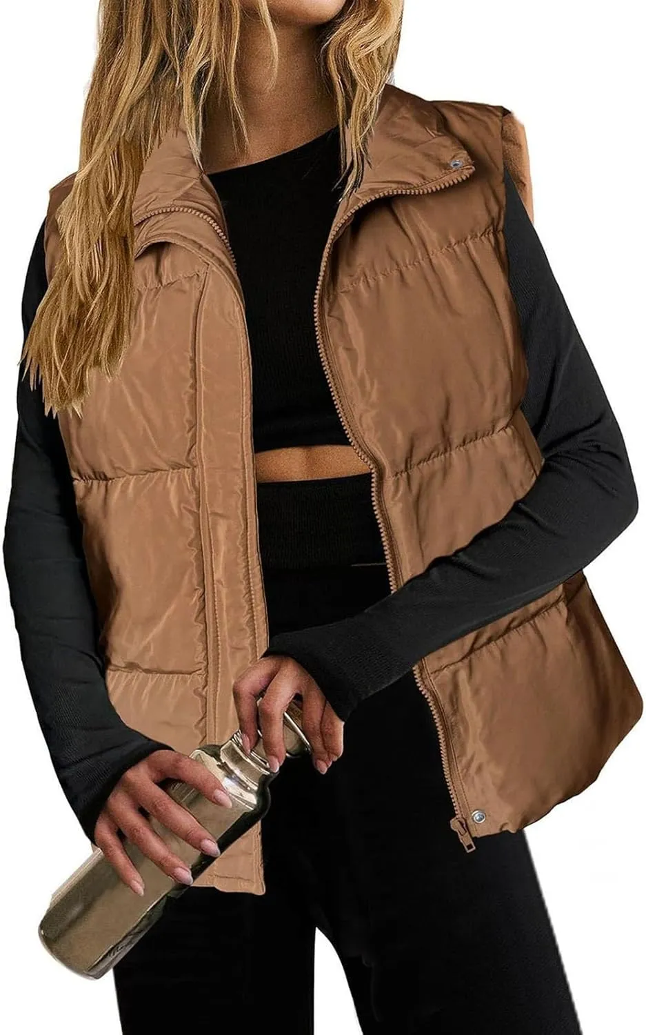 midelxp Casual Puffer Vest Women Sleeveless Quilted Lightweight Jackets Comfy Stand Collar Coats Winter Warm Outerwear Vests
