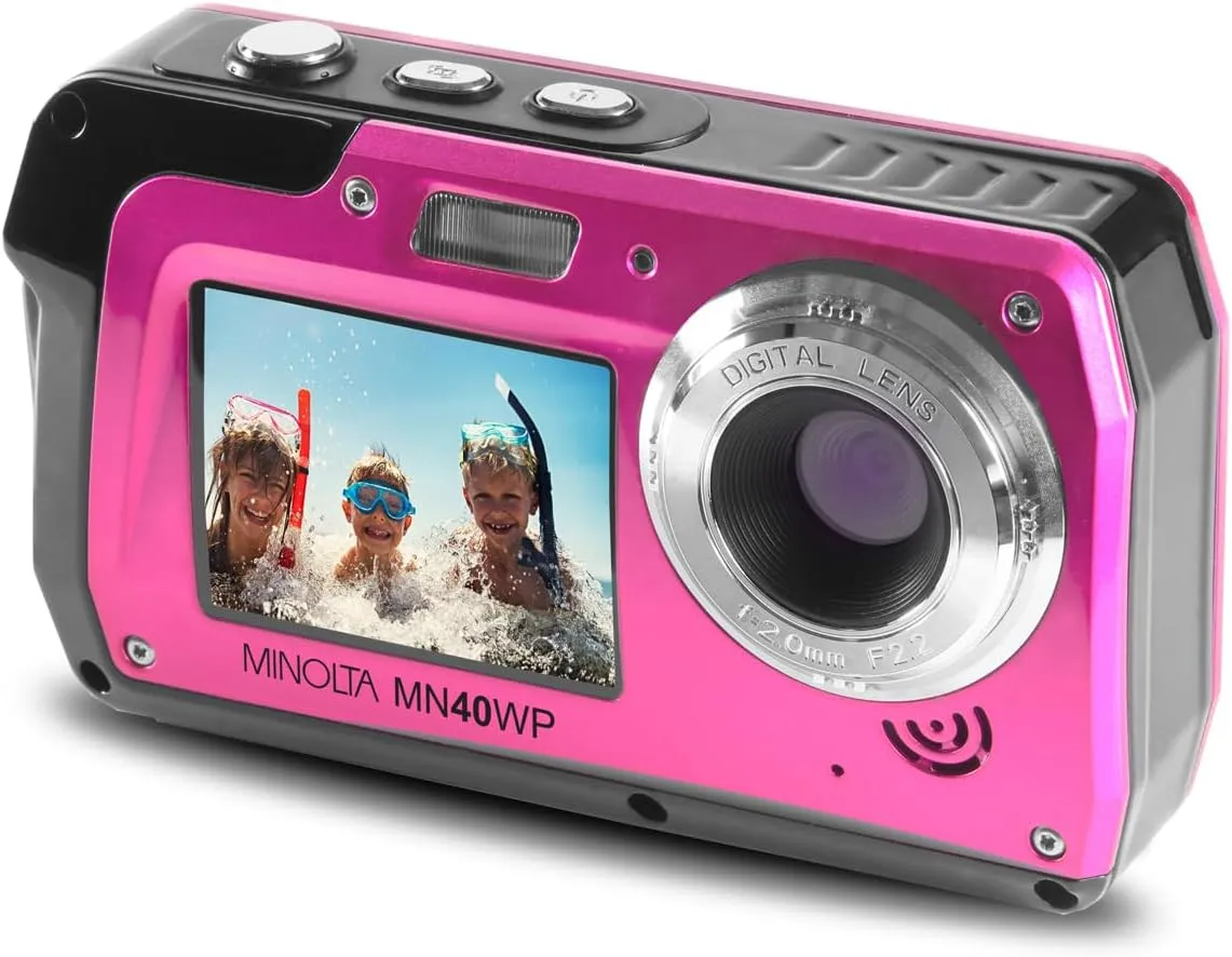 Minolta MN40WP 48MP Waterproof Digital Camera  Dual LCD Screens, 2.7K QHD Video, 16x Digital Zoom, Anti-Shake, Face Detection, 10ft Waterproof (Pink)