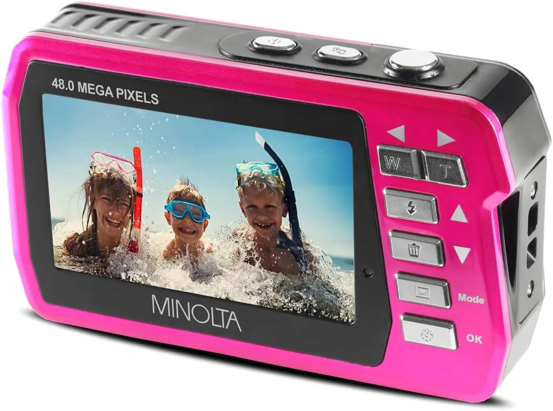 Minolta MN40WP 48MP Waterproof Digital Camera  Dual LCD Screens, 2.7K QHD Video, 16x Digital Zoom, Anti-Shake, Face Detection, 10ft Waterproof (Pink)
