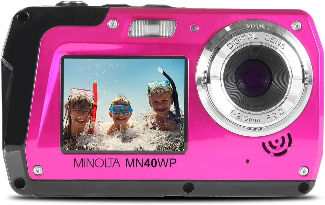 Minolta MN40WP 48MP Waterproof Digital Camera  Dual LCD Screens, 2.7K QHD Video, 16x Digital Zoom, Anti-Shake, Face Detection, 10ft Waterproof (Pink)