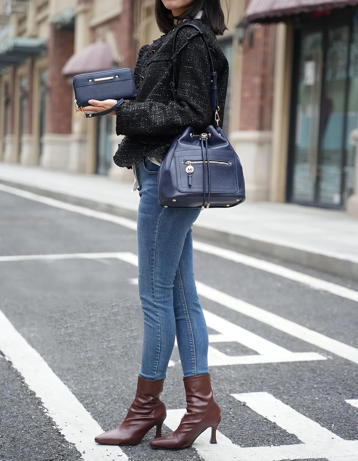 MKF Collection Crossbody Bucket Bag for Women, Drawstring Hobo Shoulder Bags Fashion Handbag Purse with Wristlet Wallet