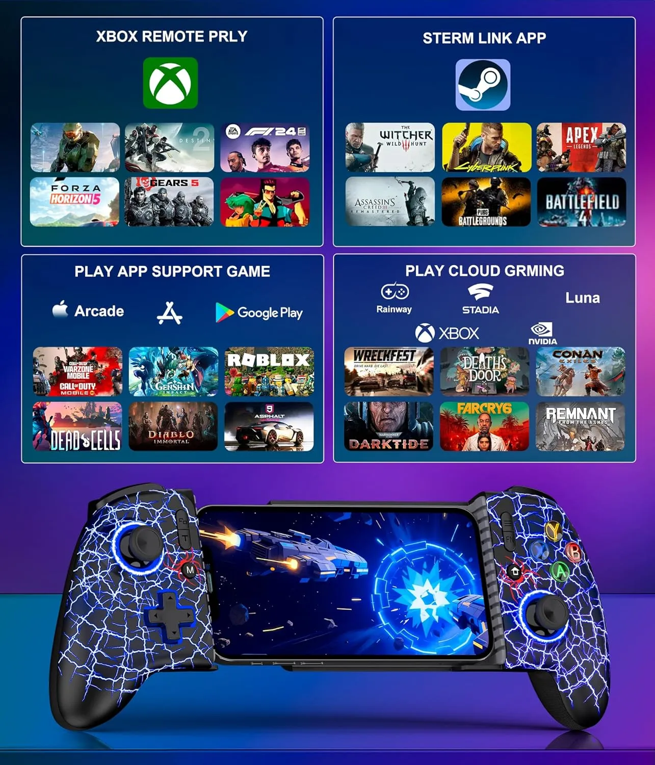 Mobile Game Controller for iPhone 16/15 & Android, Android Phone Gaming Controller with Hall Trigger/Joysticks, Wireless Full-Size Gamepad for Xbox Game Pass, Steam Link, Roblox, Call of Duty