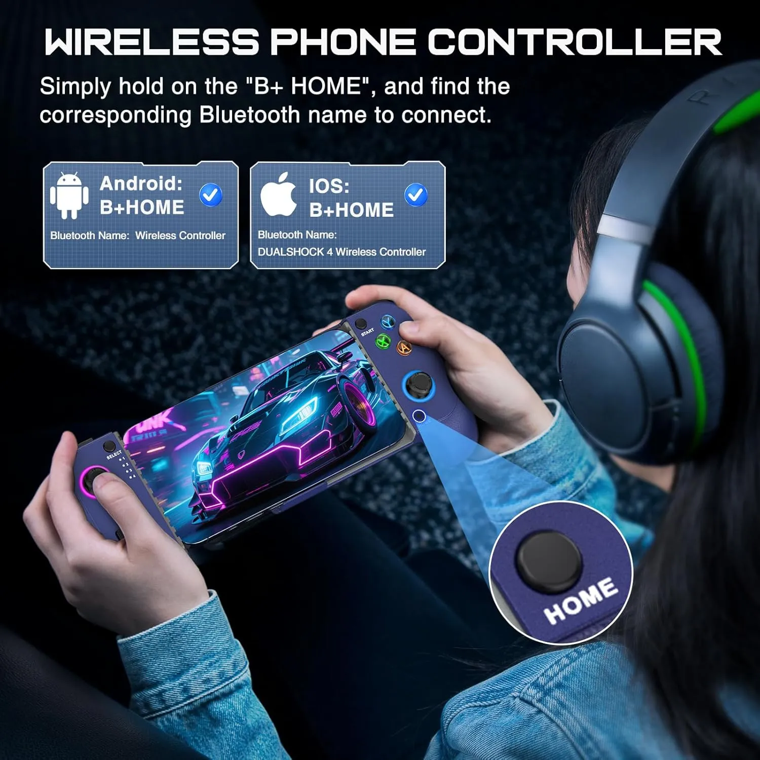 Mobile Game Controller for iPhone/Android, Wireless Phone Controller Support Phone Case, Gaming Controller with Hall Joystick Suitable for Xbox Game Pass, Steam Link, Roblox, Call of Duty & More, Blue
