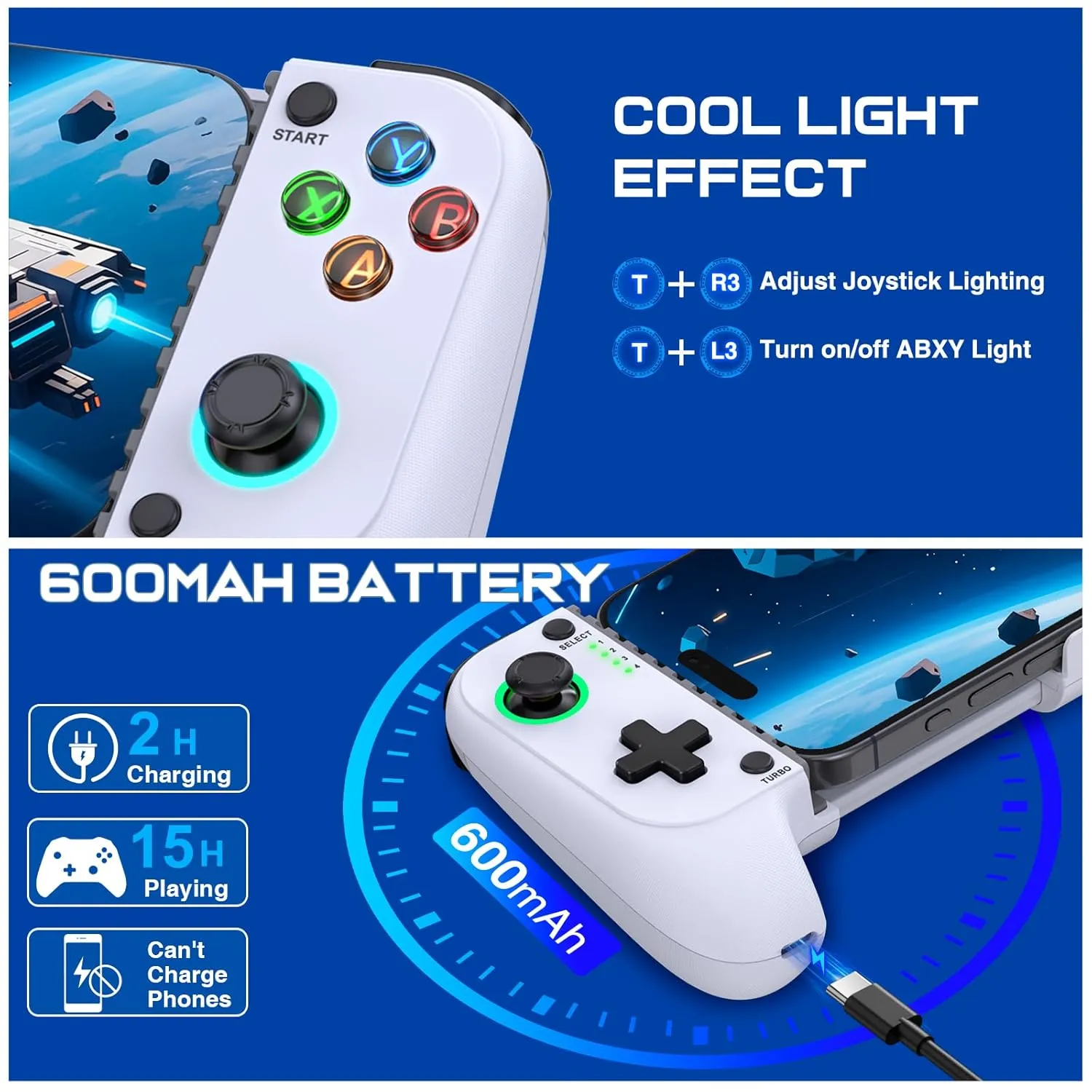 Mobile Game Controller for iPhone/Android, Wireless Phone Controller Support Phone Case, Gaming Controller with Hall Joystick Suitable for Xbox Game Pass, Steam Link, Roblox, Call of Duty & More, White