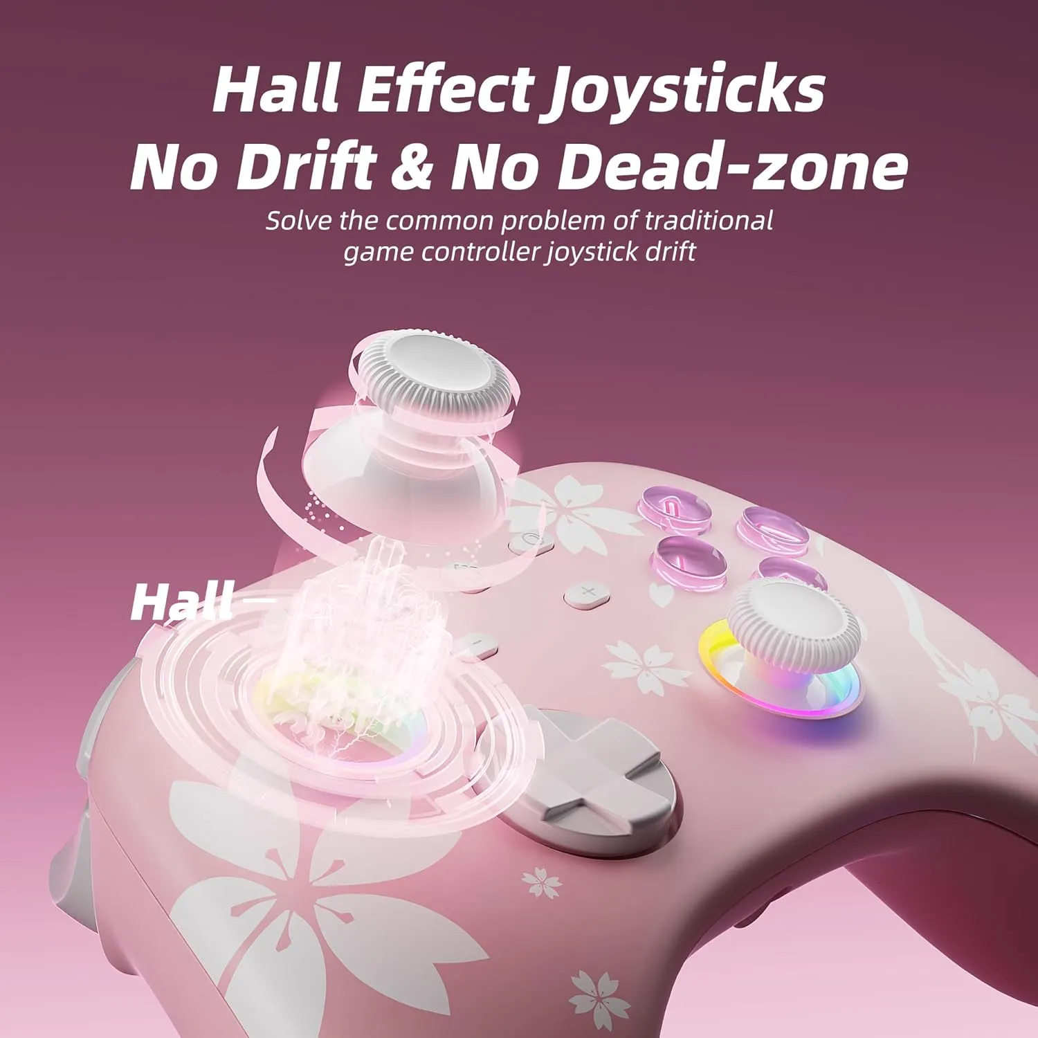 Mytrix Wireless Pro Controller, Hall Effect Bluetooth Controllers for Nintendo Switch/PC/Steam/iPad/Mac/Tablet/Laptop, with RGB Light/Macro Keys/Turbo Button/4 Joystick Replacements, Sakura Pink