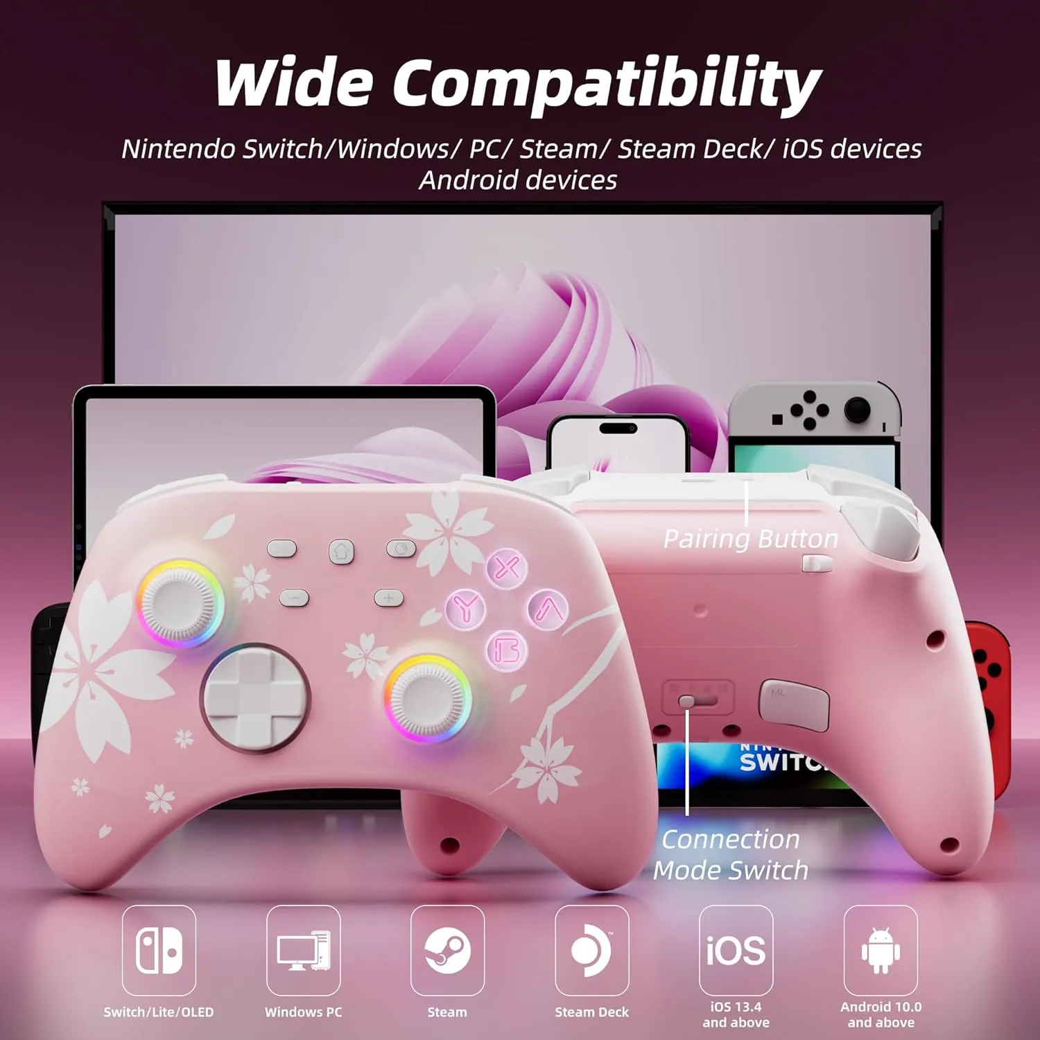Mytrix Wireless Pro Controller, Hall Effect Bluetooth Controllers for Nintendo Switch/PC/Steam/iPad/Mac/Tablet/Laptop, with RGB Light/Macro Keys/Turbo Button/4 Joystick Replacements, Sakura Pink
