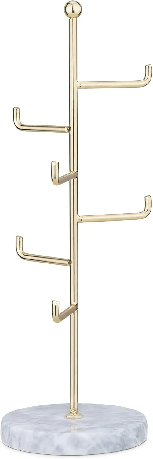 Navaris Jewelry Stand Organizer Holder - Gold and Marble Tree for Necklaces, Bracelets, Chains - 11.8" High Metal Hanger Rack Storage with 6 Tiers