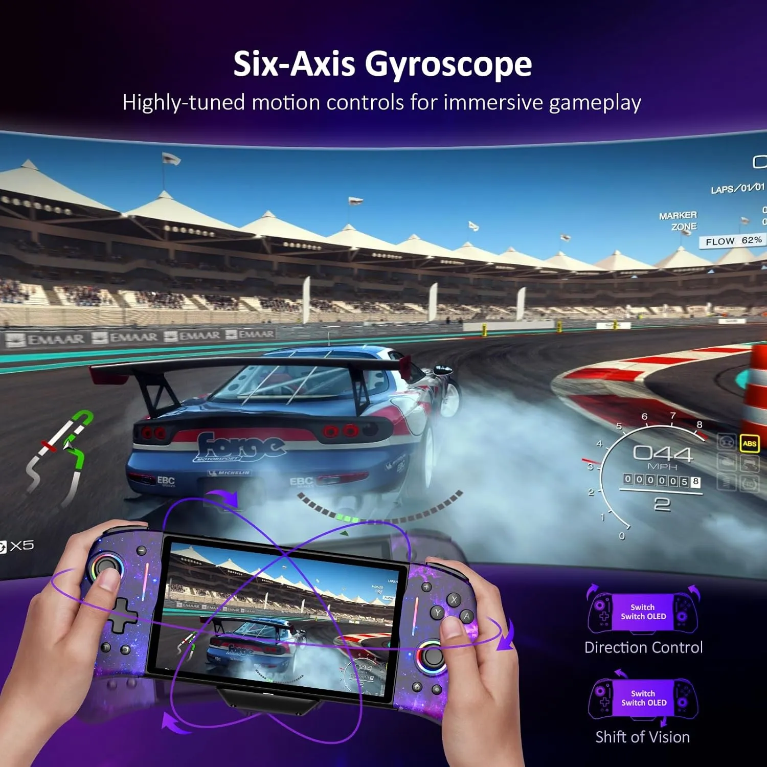 NexiGo Gripcon (Gen 2), Enhanced Switch/Switch OLED Controller for Handheld Mode, Adjustable LED Light, Ergonomic Design, 6-Axis Gyro, Turbo, Mapping, Cosmic Nebula