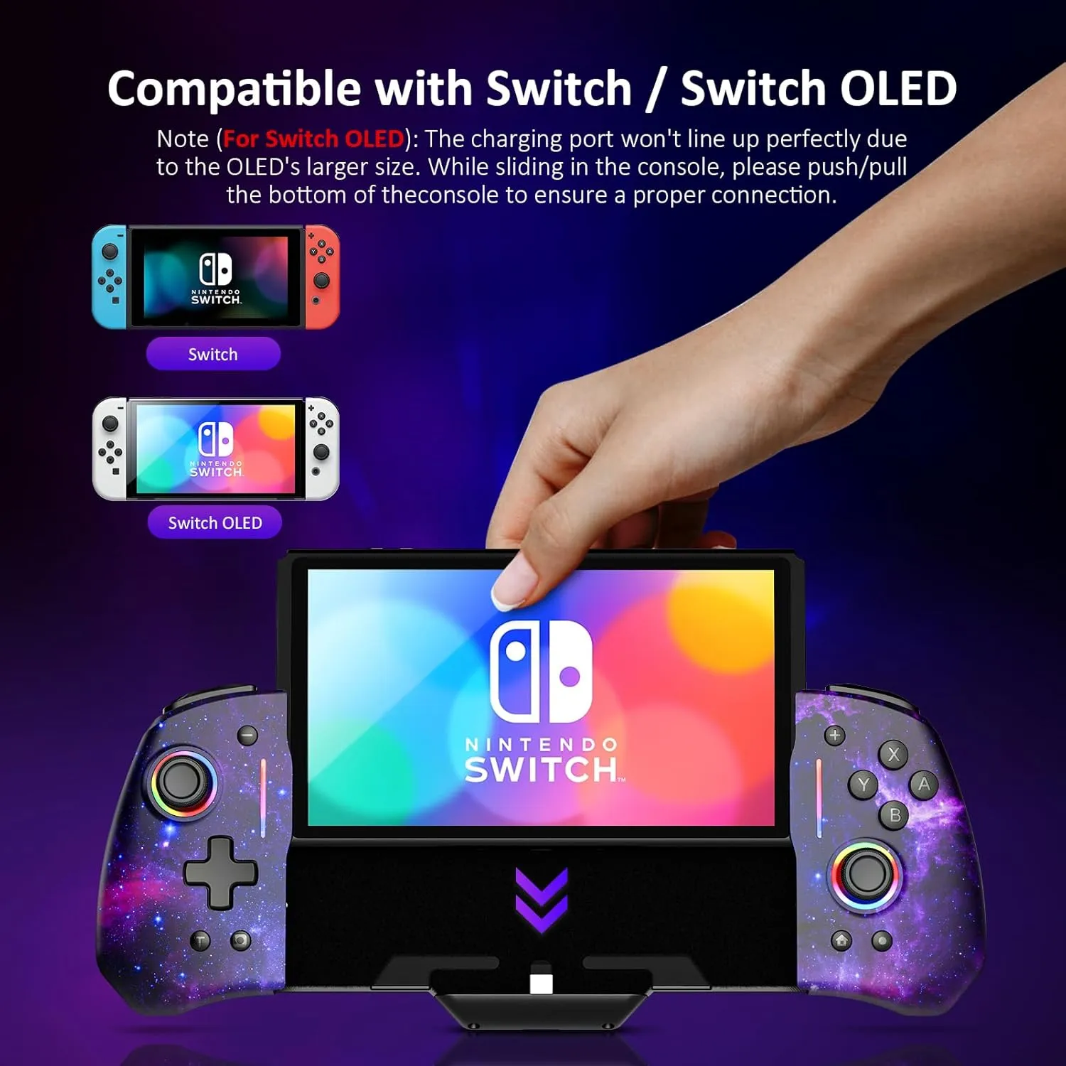 NexiGo Gripcon (Gen 2), Enhanced Switch/Switch OLED Controller for Handheld Mode, Adjustable LED Light, Ergonomic Design, 6-Axis Gyro, Turbo, Mapping, Cosmic Nebula