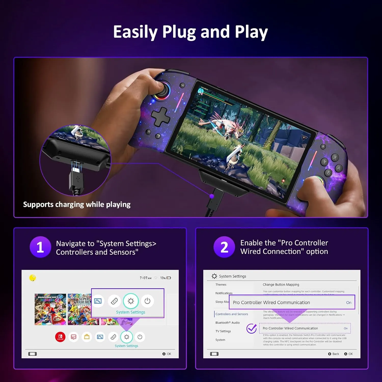 NexiGo Gripcon (Gen 2), Enhanced Switch/Switch OLED Controller for Handheld Mode, Adjustable LED Light, Ergonomic Design, 6-Axis Gyro, Turbo, Mapping, Cosmic Nebula