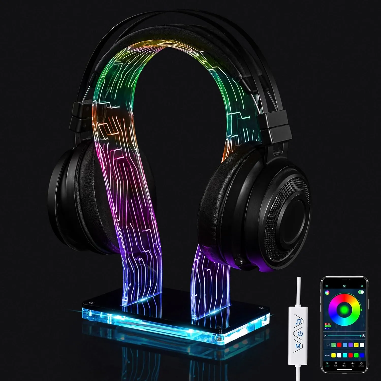 OAPRIRE RGB Headphone Stand with 213 Modes 60K Colors, Gaming Headset Stand with APP & Wired Controller, Acrylic LED Headphone Holder for Desk, Stable Structure for Gaming Accessories