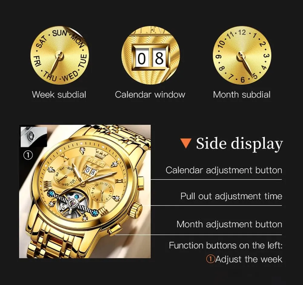 OLEVS Automatic Gold Watches for Men Luxury Classic Stainless Steel Calendar Luminous Waterproof Watches for Men