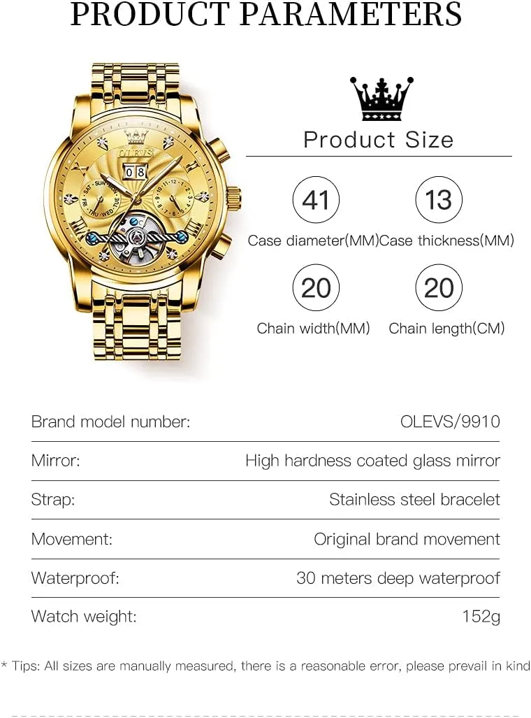 OLEVS Automatic Gold Watches for Men Luxury Classic Stainless Steel Calendar Luminous Waterproof Watches for Men