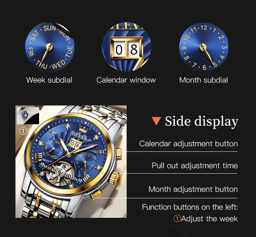 OLEVS Automatic Gold Watches for Men Luxury Classic Stainless Steel Calendar Luminous Waterproof Watches for Men