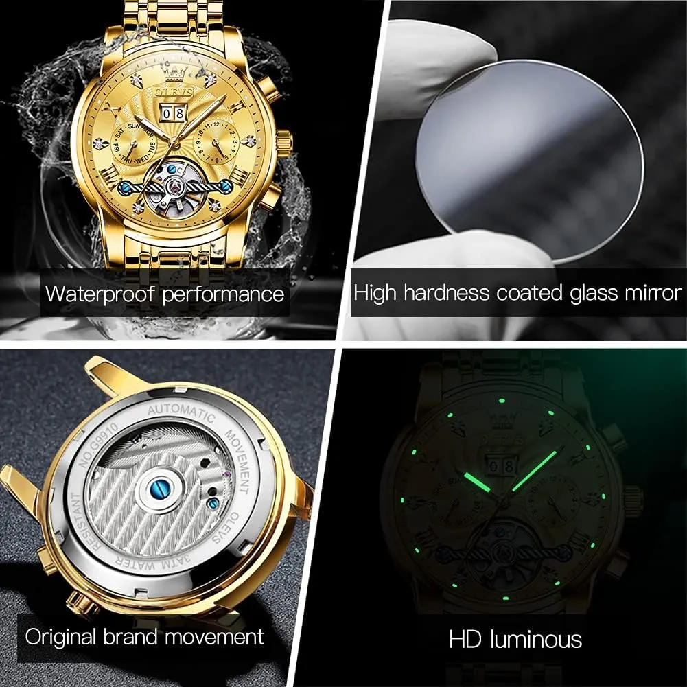 OLEVS Automatic Gold Watches for Men Luxury Classic Stainless Steel Calendar Luminous Waterproof Watches for Men