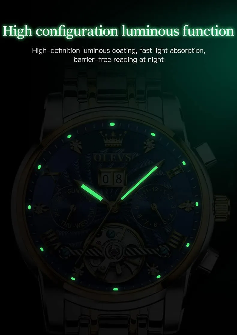 OLEVS Automatic Gold Watches for Men Luxury Classic Stainless Steel Calendar Luminous Waterproof Watches for Men