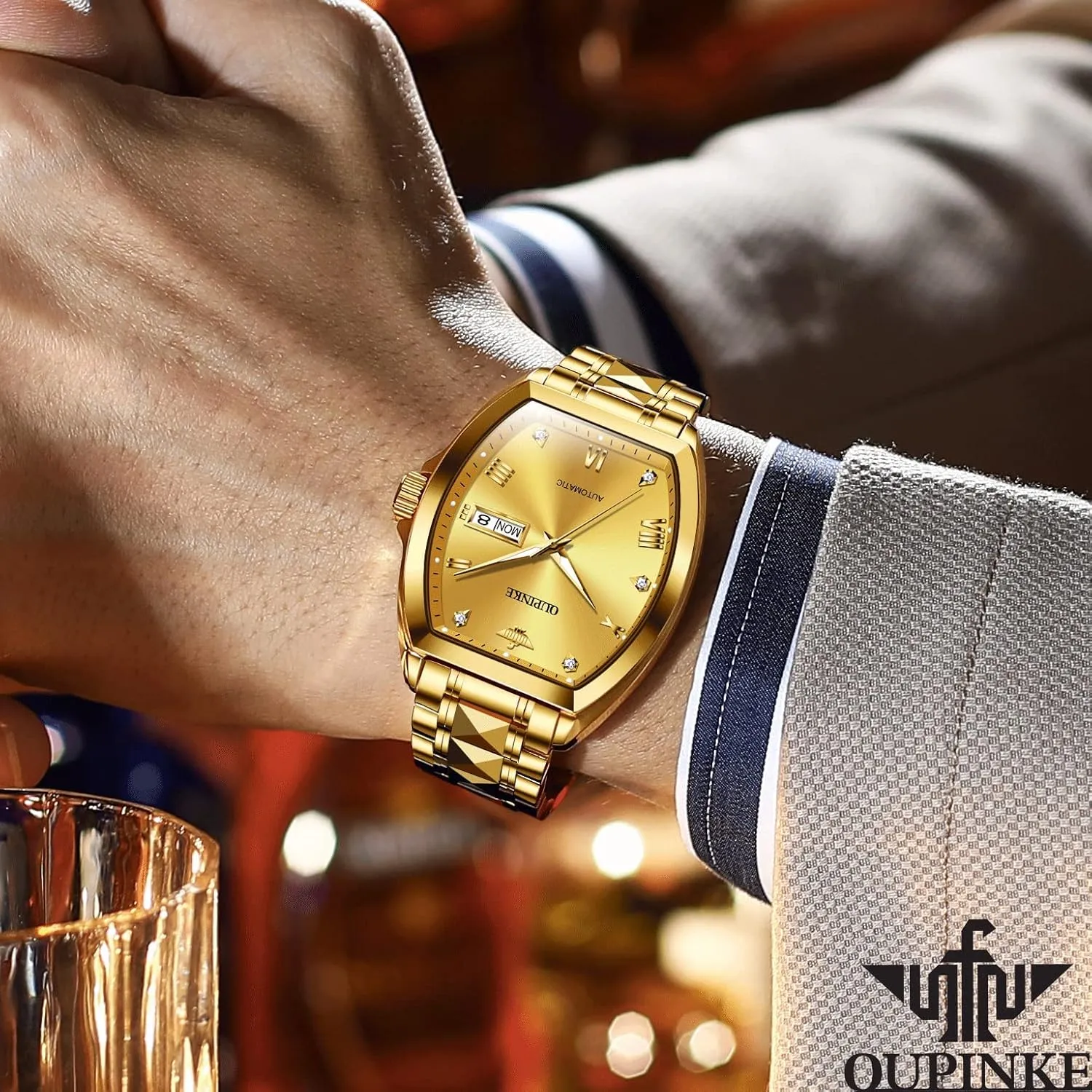 OUPINKE Mens Automatic Wrist Watch Luxury Diamond Self Winding Mechanical Waterproof Sapphire Crystal Date Watch