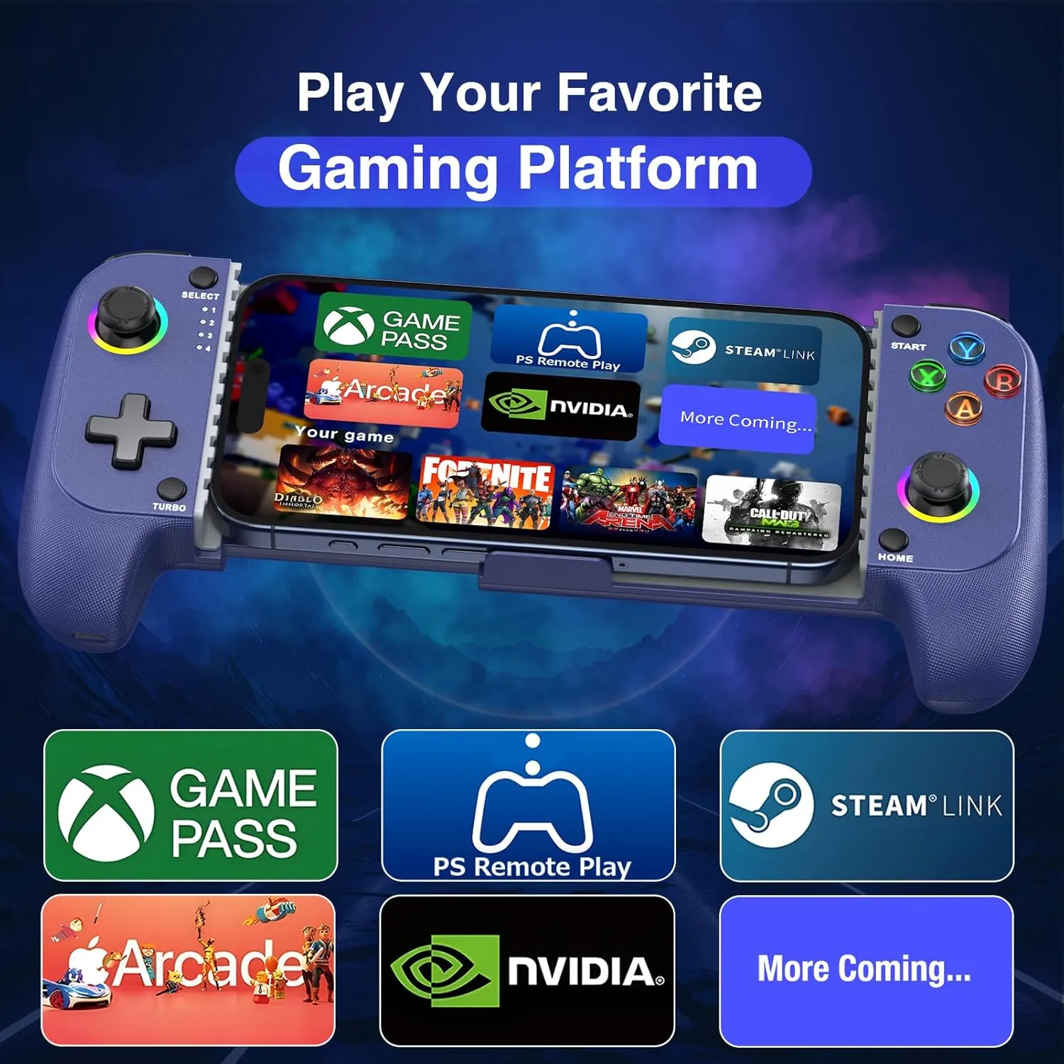 Phone Controller for iPhone/Android - Mobile Gaming Controller with Hall Effect Joystick, Phone Case Support, Cool Dynamic Light, Turbo Function, Dual Vibration- Phone Controller Compatible with More Games