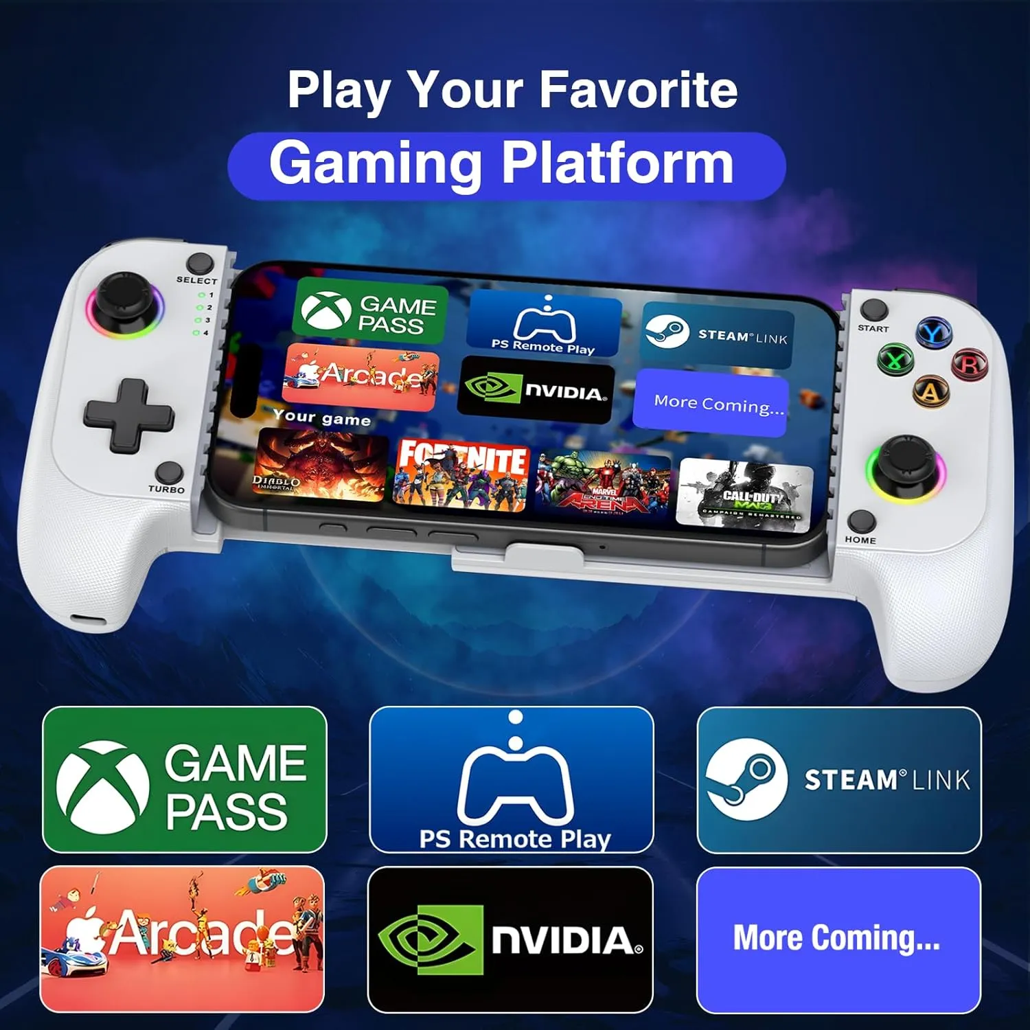 Phone Controller for iPhone/Android - Mobile Gaming Controller with Hall Effect Joystick, Phone Case Support, Cool Dynamic Light, Turbo Function, Dual Vibration- Phone Controller Compatible with More Games