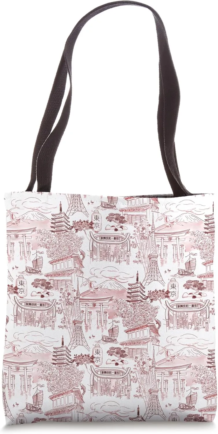Preppy Maroon Red Tokyo Chinoiserie Toile Temple Sakura Fuji Tote Bag