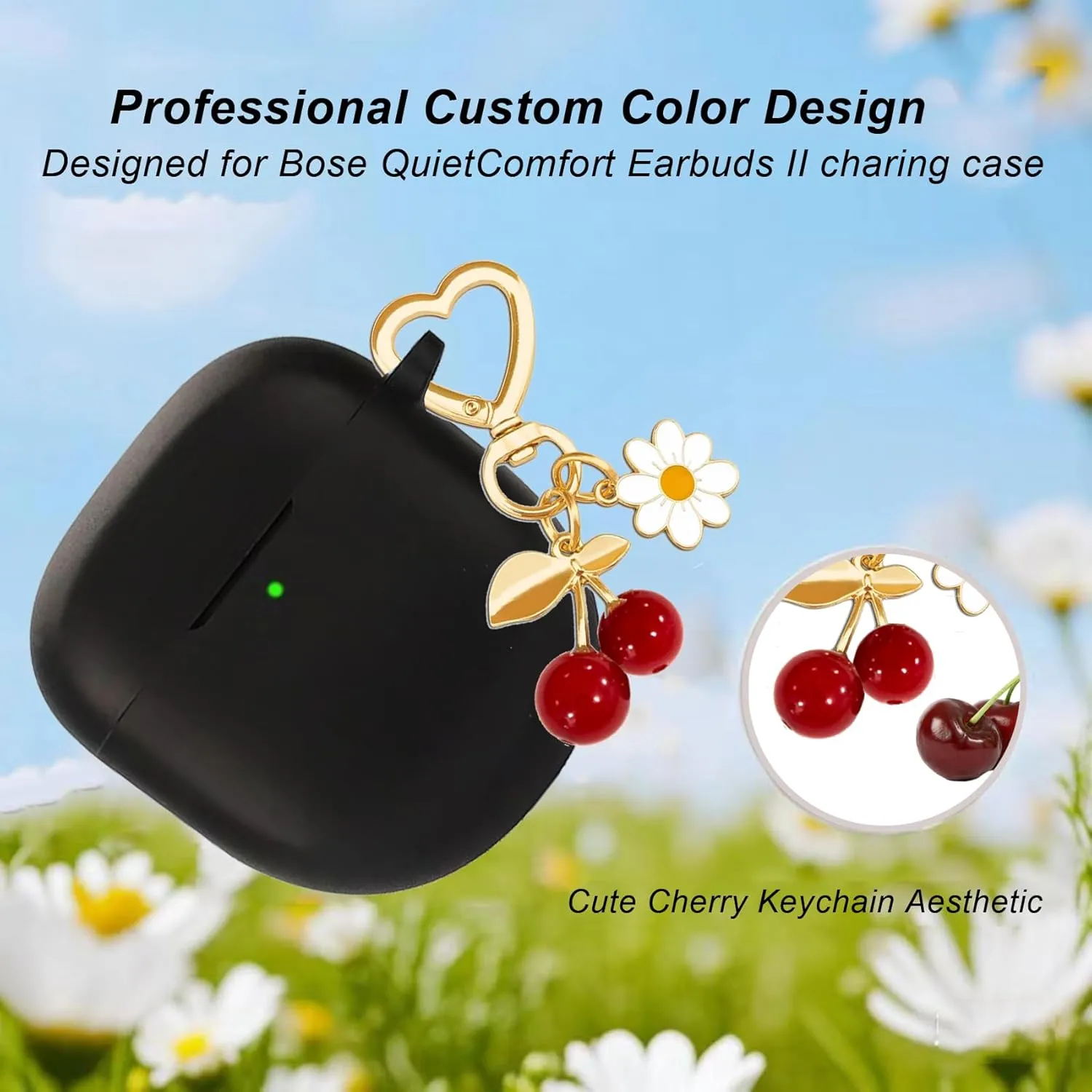 Protective Case Cover for Bose QuietComfort Earbuds II 2022/ QuietComfort Ultra 2023,Cute Cherry Charm Keychain,Soft Silicone Protective Case for Bose QC ii 2 Earbuds Charging Case Black