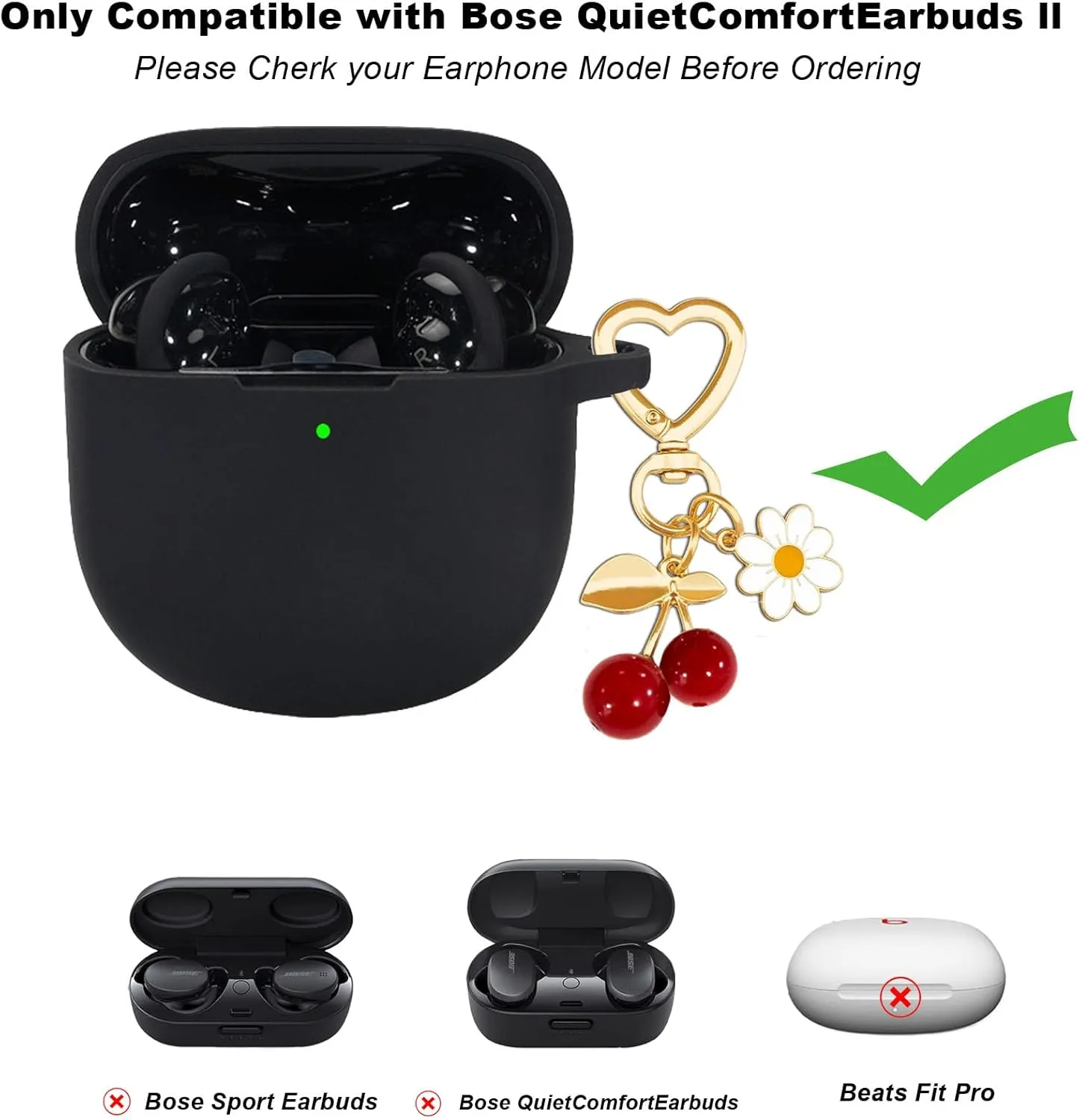 Protective Case Cover for Bose QuietComfort Earbuds II 2022/ QuietComfort Ultra 2023,Cute Cherry Charm Keychain,Soft Silicone Protective Case for Bose QC ii 2 Earbuds Charging Case Black
