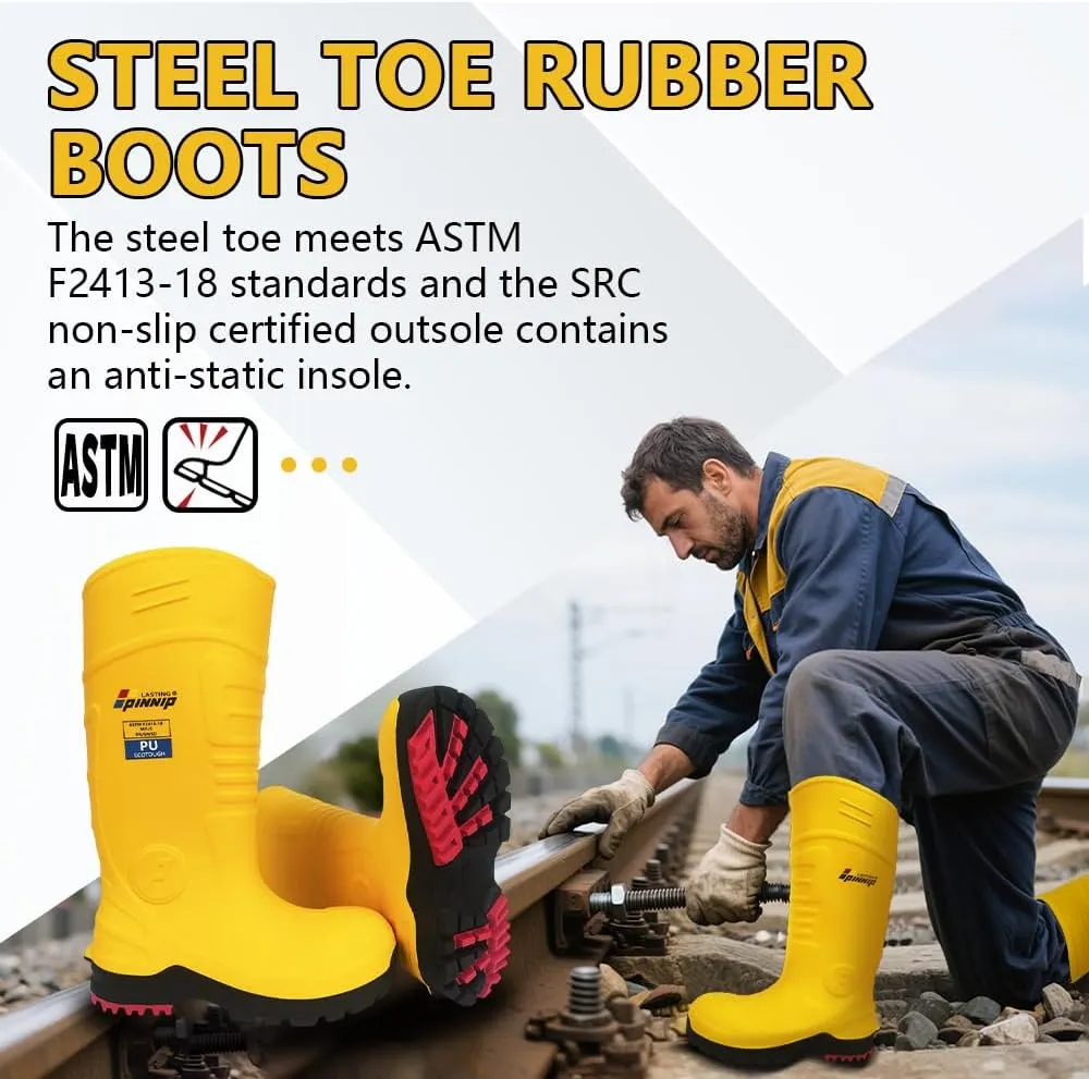 PU Rubber Work Boots With Steel Toe - Waterproof Anti-slip Mud Rain Boots Hunting Boots ASTM F2413-18 Acid & Oil Resistant Anti-static For Men and Women