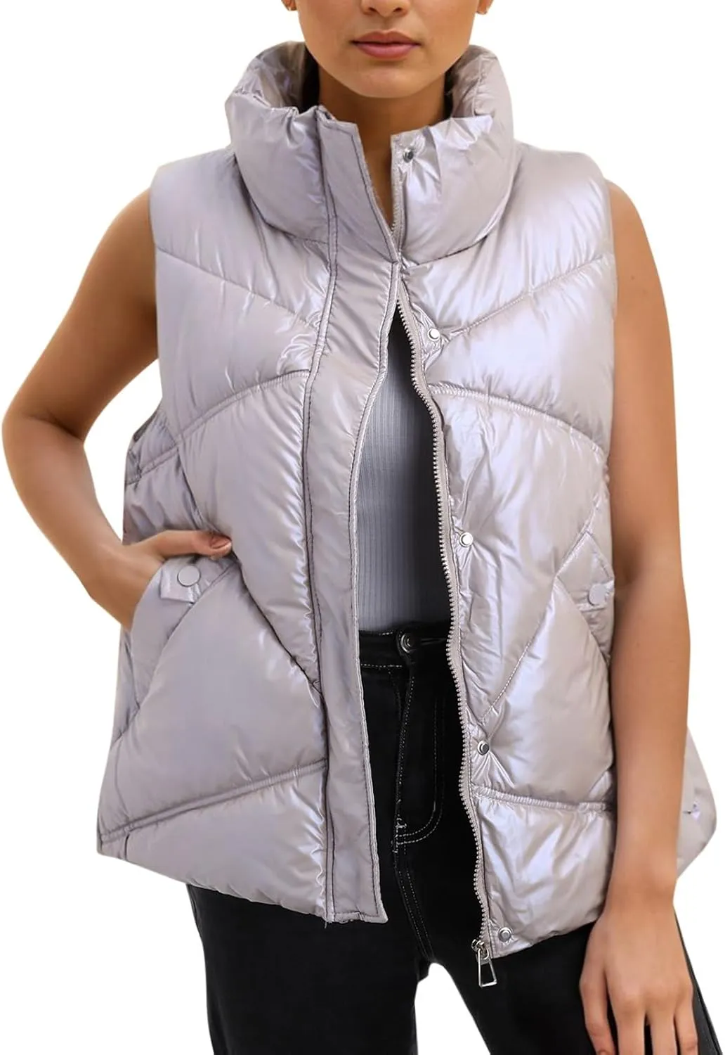Puffer Vest Women Sleeveless Zip Up Outerwear Warm Lightweight Down Coats Jackets with Pocket Winter Quilted Vests