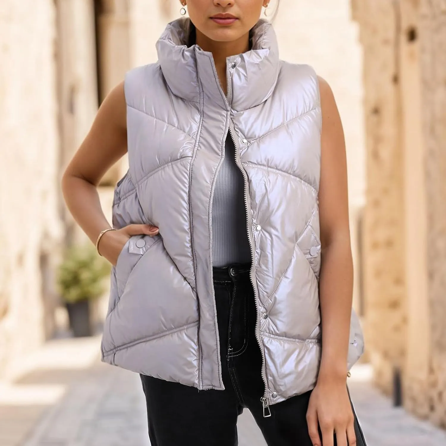 Puffer Vest Women Sleeveless Zip Up Outerwear Warm Lightweight Down Coats Jackets with Pocket Winter Quilted Vests