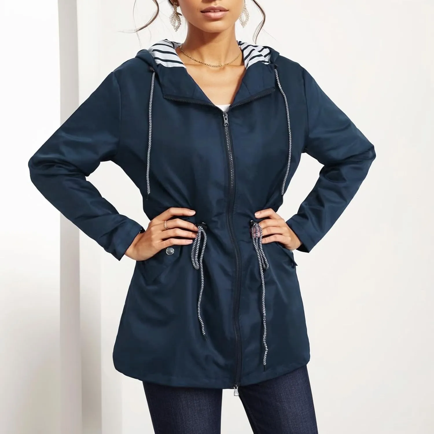 Rain Coats for Women Plus Size Waterproof Hoodie Jacket Windbreaker Lightweight Drawstring Raincoat with Pockets