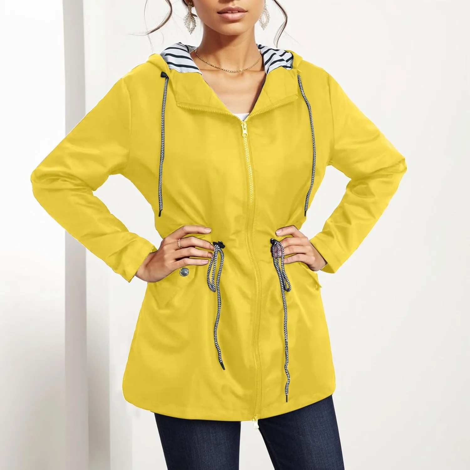 Rain Coats for Women Plus Size Waterproof Hoodie Jacket Windbreaker Lightweight Drawstring Raincoat with Pockets