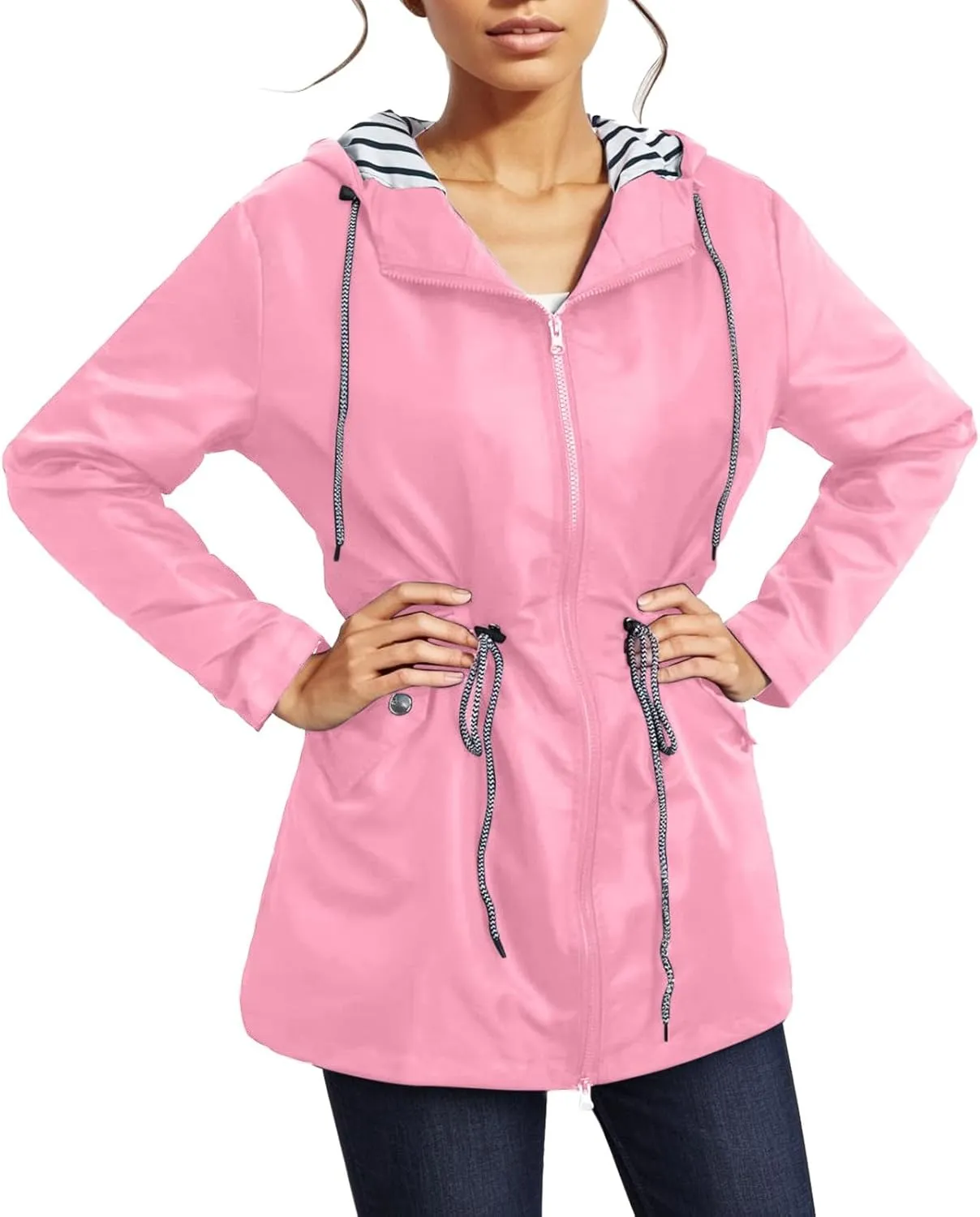 Rain Coats for Women Plus Size Waterproof Hoodie Jacket Windbreaker Lightweight Drawstring Raincoat with Pockets